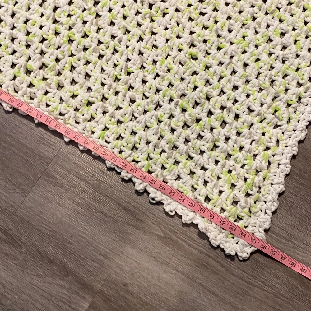 Handmade Crochet Blanket in White Gray and Green